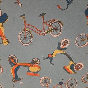 Velocity Jessica Hogarth Moped Bikes Coral Blue Teal Cotton Fabric 1.5 Yards
